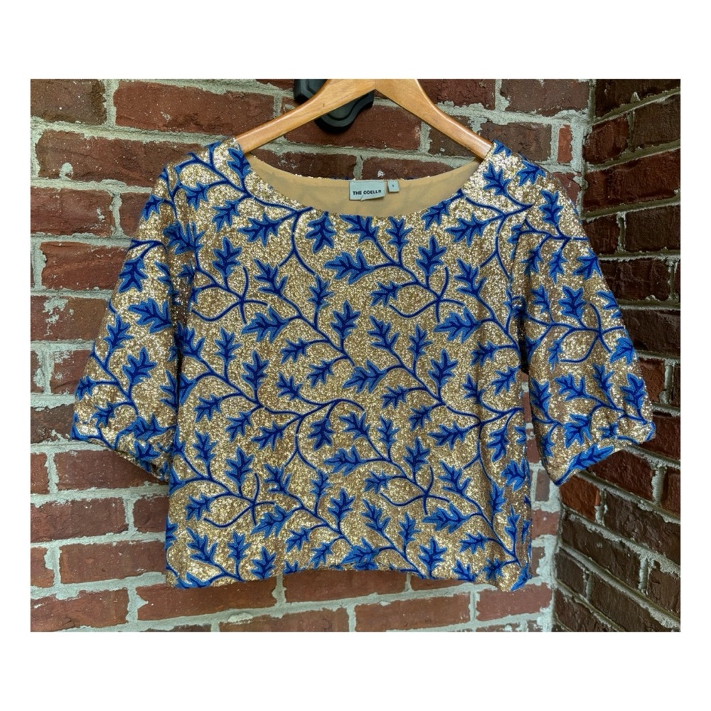 NWOT Anthropologie The Odell’s Bianca Gold & Blue Sparkle Sequin Top  Size Small